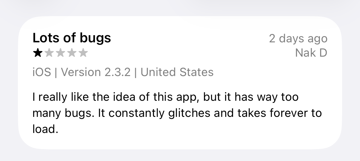 One-star review describing bugs and slow loading in Linus version 2.3.2